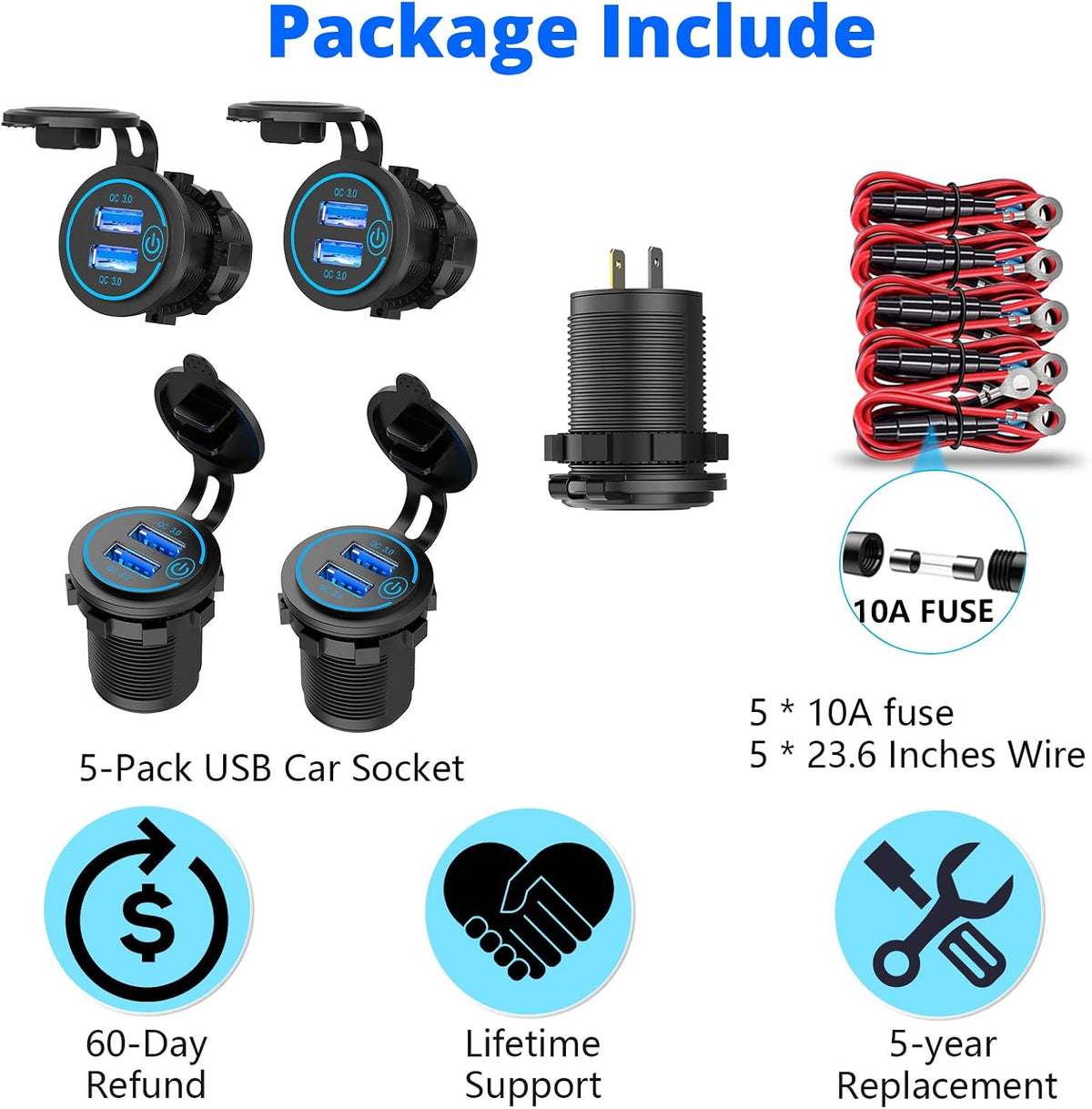5 Pack Quick Charge 3.0 12V USB Outlet, Qidoe Waterproof QC3.0 Dual USB Power Outlet with Touch Switch Fast Car Charger Socket for 12V-24V Car Golf Cart Boat RV Motorcycle - More Affordable Pack
