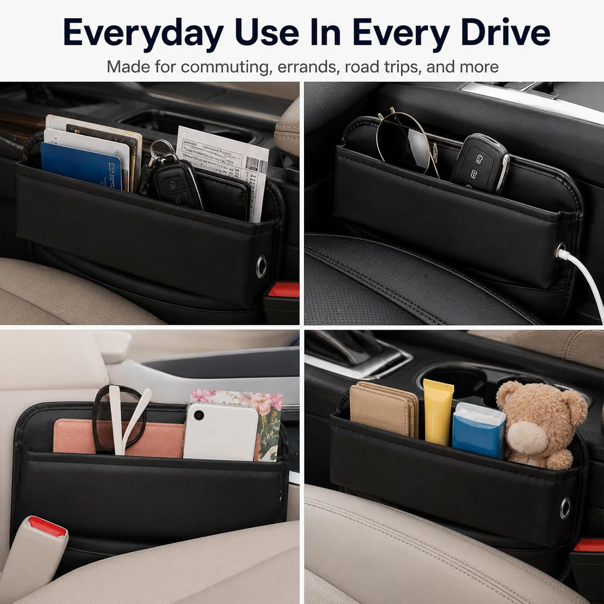 Car Seat Gap Filler Organizer, Premium Leather Console Side Storage Box
