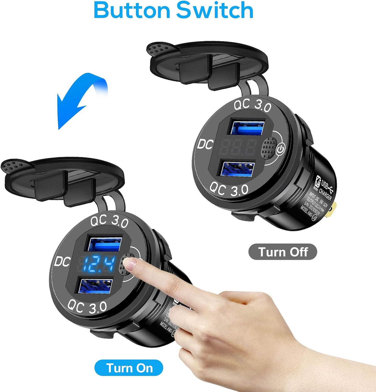 Linkstyle 2PCS 12V USB Outlet, Dual 18W QC3.0 USB A Ports Car Charger Socket with Botton Switch & Blue LED Voltmeter for 12V/24V RV Boat Truck