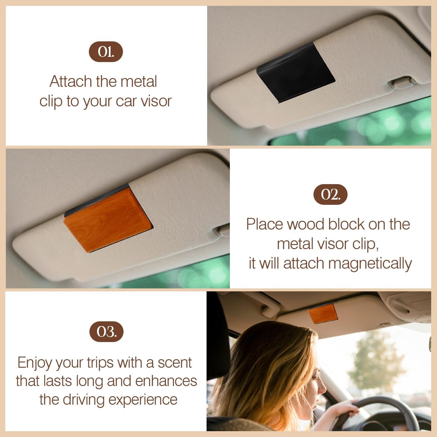 Car Air Freshener Starter Kit - Wood Car Freshener for Visor Clip - Long Lasting Car Scent - Car Odor Eliminator - CLIP INCLUDED