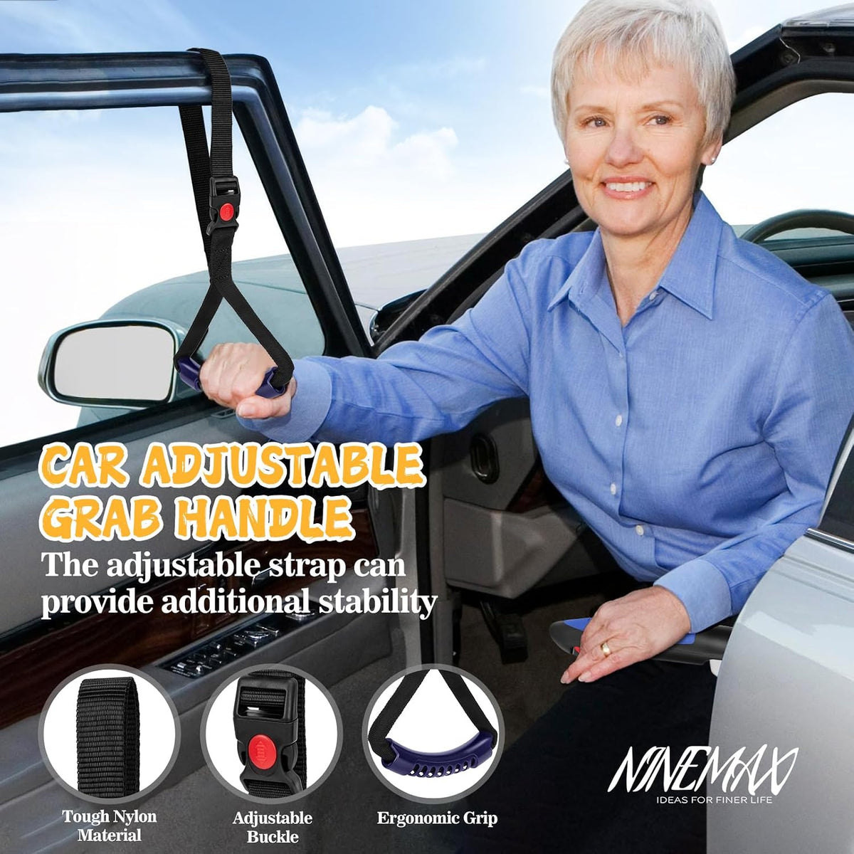 NINEMAX Car Door Handle for Elderly Car Handle Assist Support, Auto Grab Handles, Portable 3 in 1 Car Door Cane for Seniors, Handicap (1 pc with Strap)
