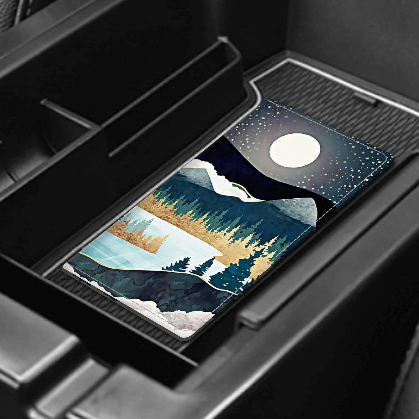 Leather Car Registration and Insurance Card Holder, Cute Car Accessories Vehicle Glove Box Car Organizer for Documents, Cards, License Beautiful Night Forest Mountain