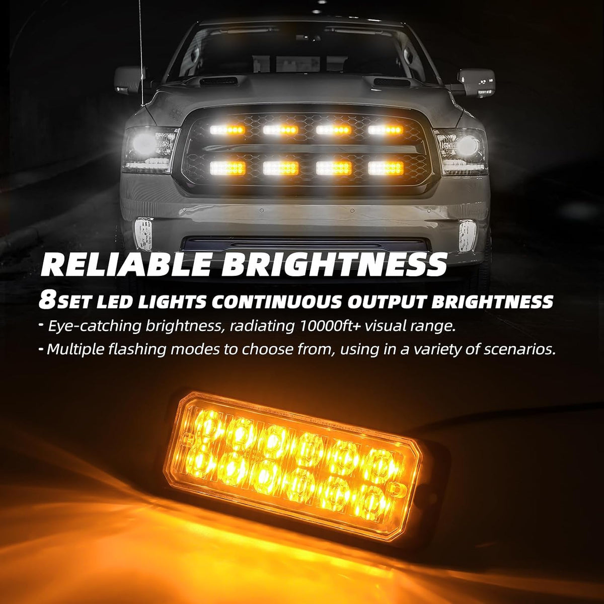 8-pcs Ultra Slim Amber White LED Emergency Flashing Strobe Lights for Vehicles, Trucks, and Cars Sync Feature Surface-Mount Beacon Hazard Light with Controller and Wiring Harness