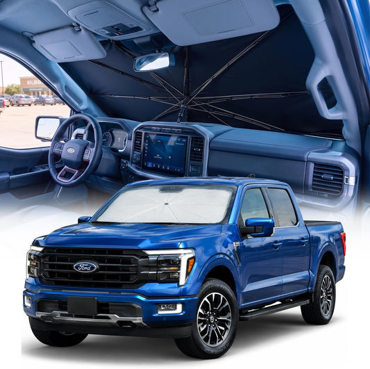 [2026 Upgraded] Weektic Truck Windshield Sun Shade for F-150/Silverado/Tundra/RAM 1500/Sierra - 5 Layers Ice Crystal Coating Blocks 99% UV, Cools Interior | 360° Swivel Handle for Easy Use
