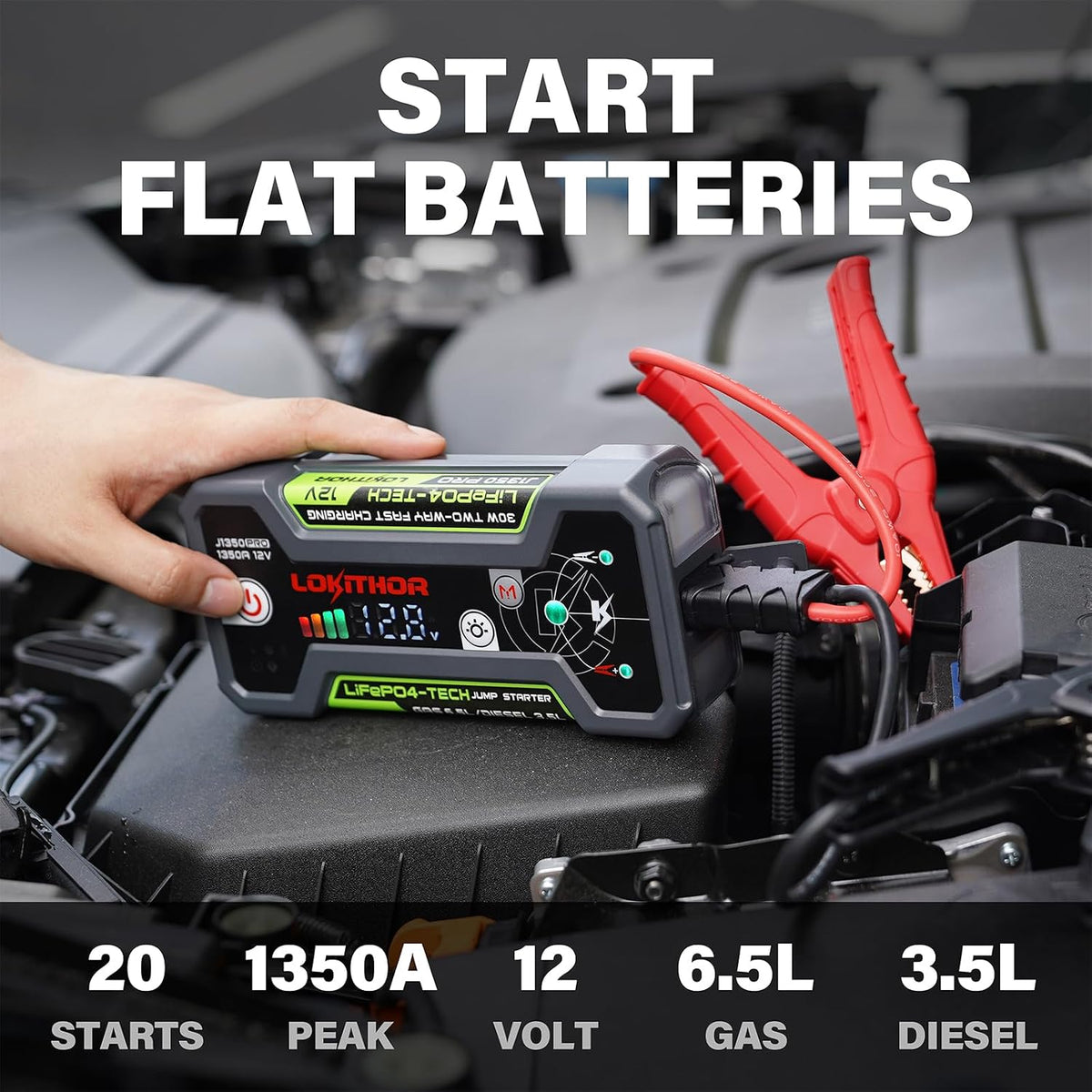 LOKITHOR J1350 PRO LiFePO4 Jump Starter - 1350A for 6.5L Gas & 3.5L Diesel