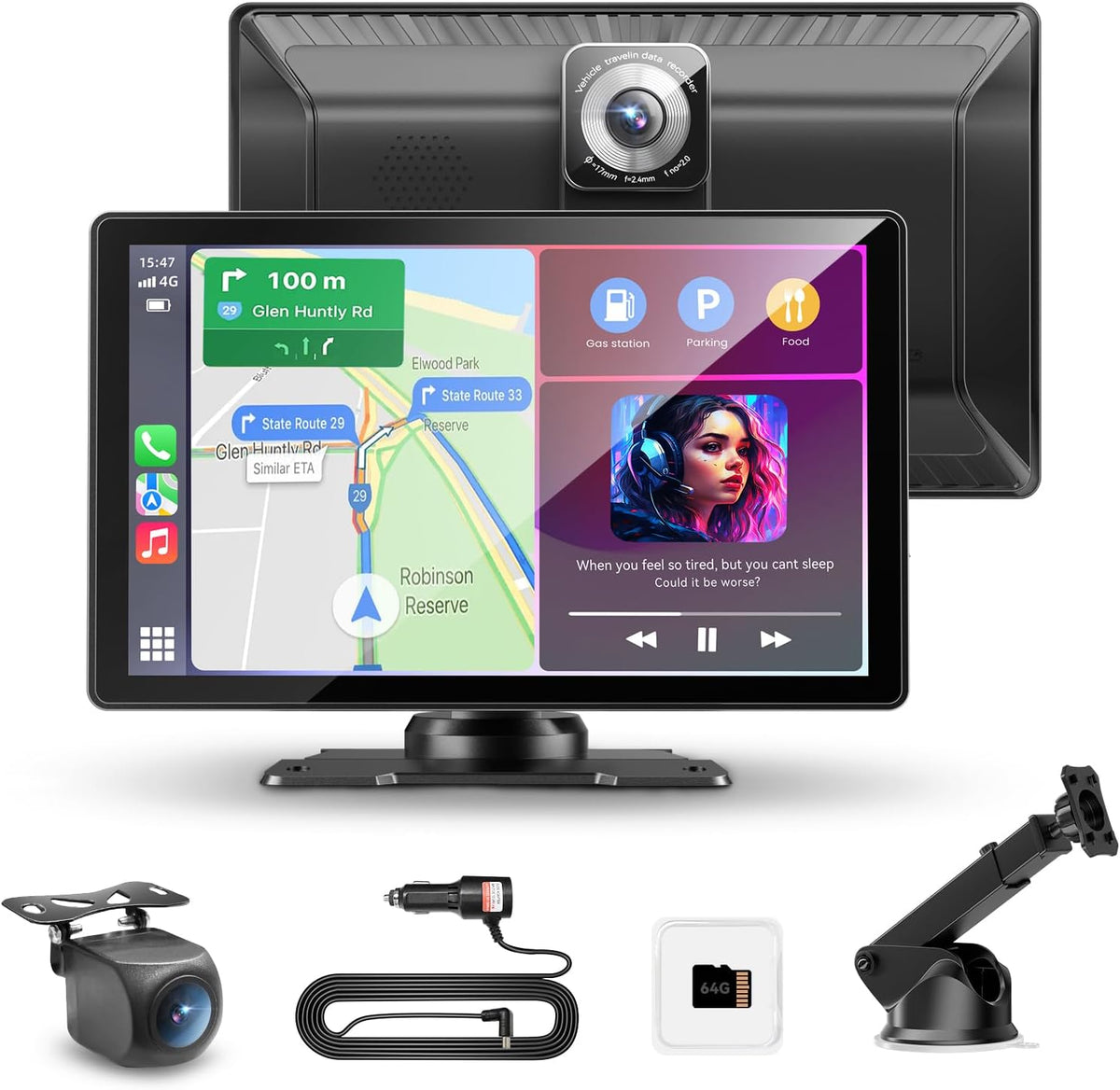 8.9" Wireless Carplay Screen for Apple CarPlay&Android Auto,4K Dash Camera