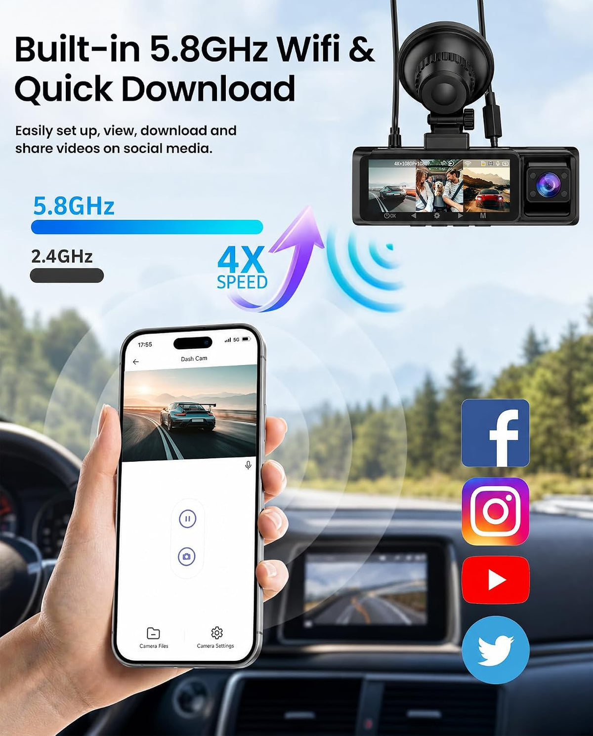 3 Channel Dash Cam 4K Front and Rear Inside with 5.8Ghz WiFi, Free 64G Card