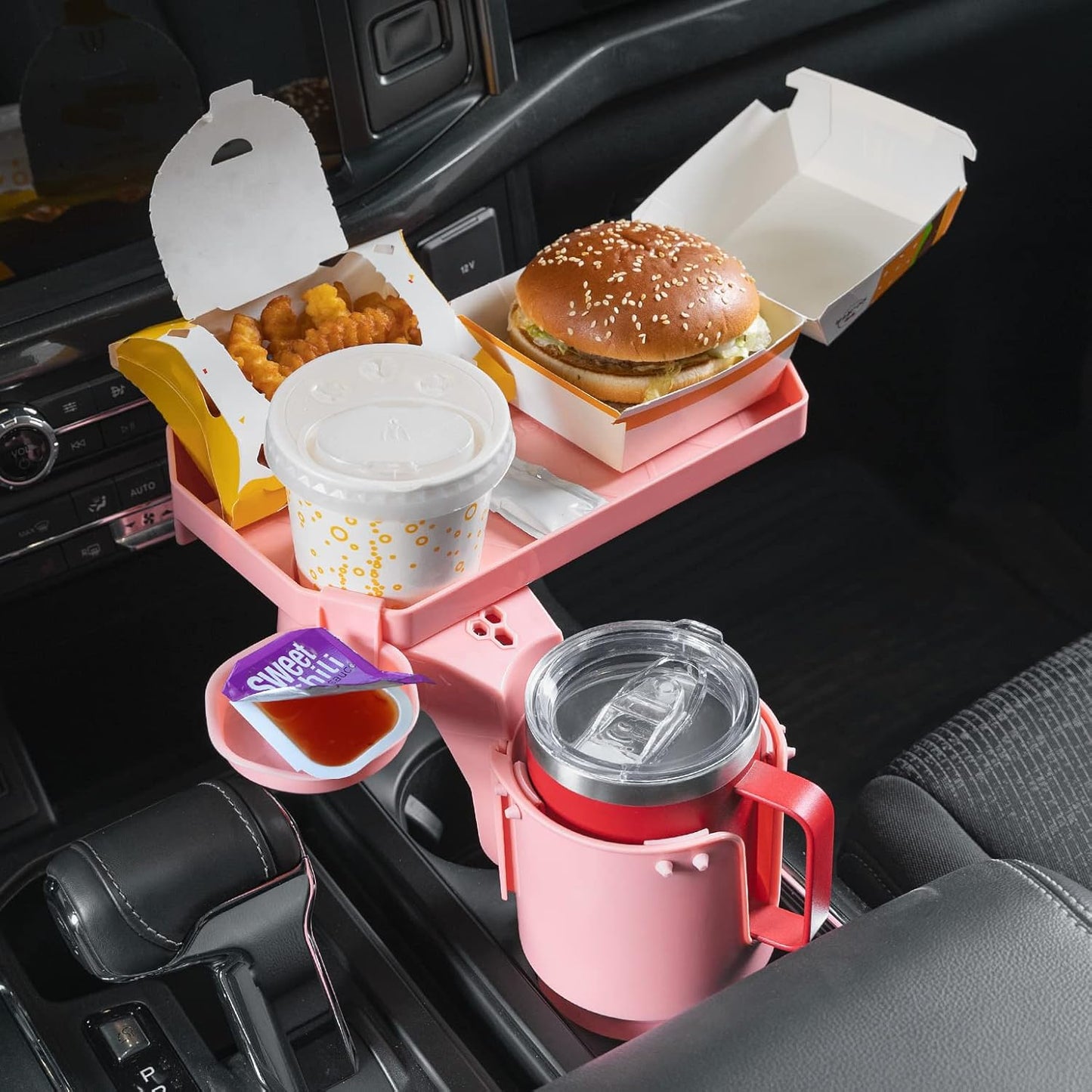 JoyTutus Cup Holder Tray for Car, Car Cup Holder Expander with 360°Rotation Tray, Large Cup Drink Holder Fit for Yeti/Hydro Flask, Detachable Food Tray Table, Pink Car Accessories