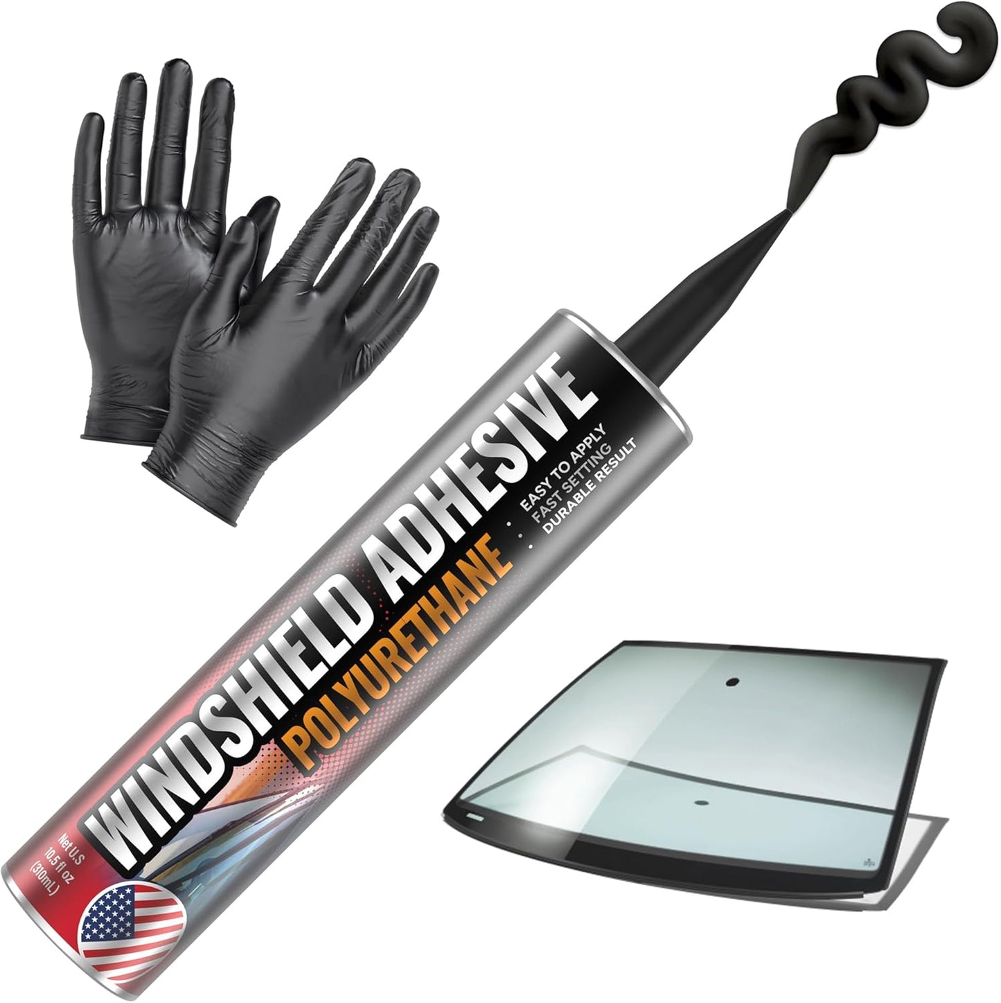 Urethane Windshield Adhesive - Quick Curing & Weather Resistant Auto Glass Adhesive, Vertical & Overhead Application, Windshield Repair Kit with Gloves, Applicator Tip & Cartridge - 310ml Black