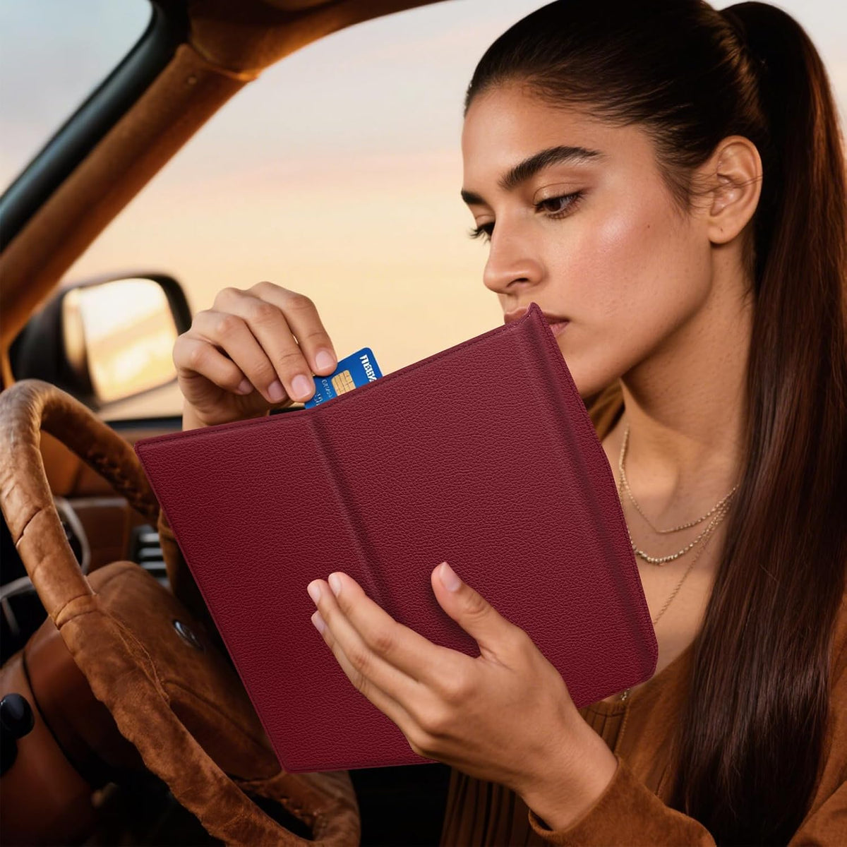 CoBak Leather Car Registration and Insurance Holder with Magnetic Compartment - Vehicle Glove Box Organizer for Driver License, Cards, Emergency Cash - Auto Truck Accessories Case, Wine Red