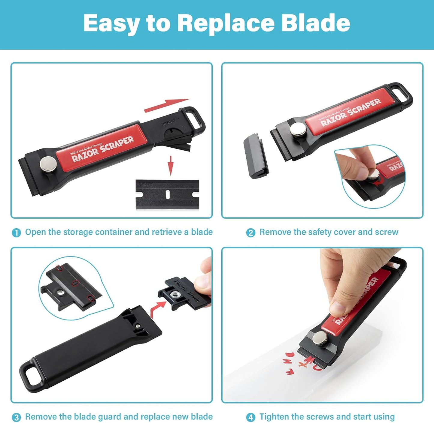 Gomake Plastic Razor Blade Scraper Tool with Blade Container 2PCS Razor Scraper with Extra 100PCS Plastic Blades for Adhesive Labels and Decals Sticker Removal on Car Window Glass Floor (W80)