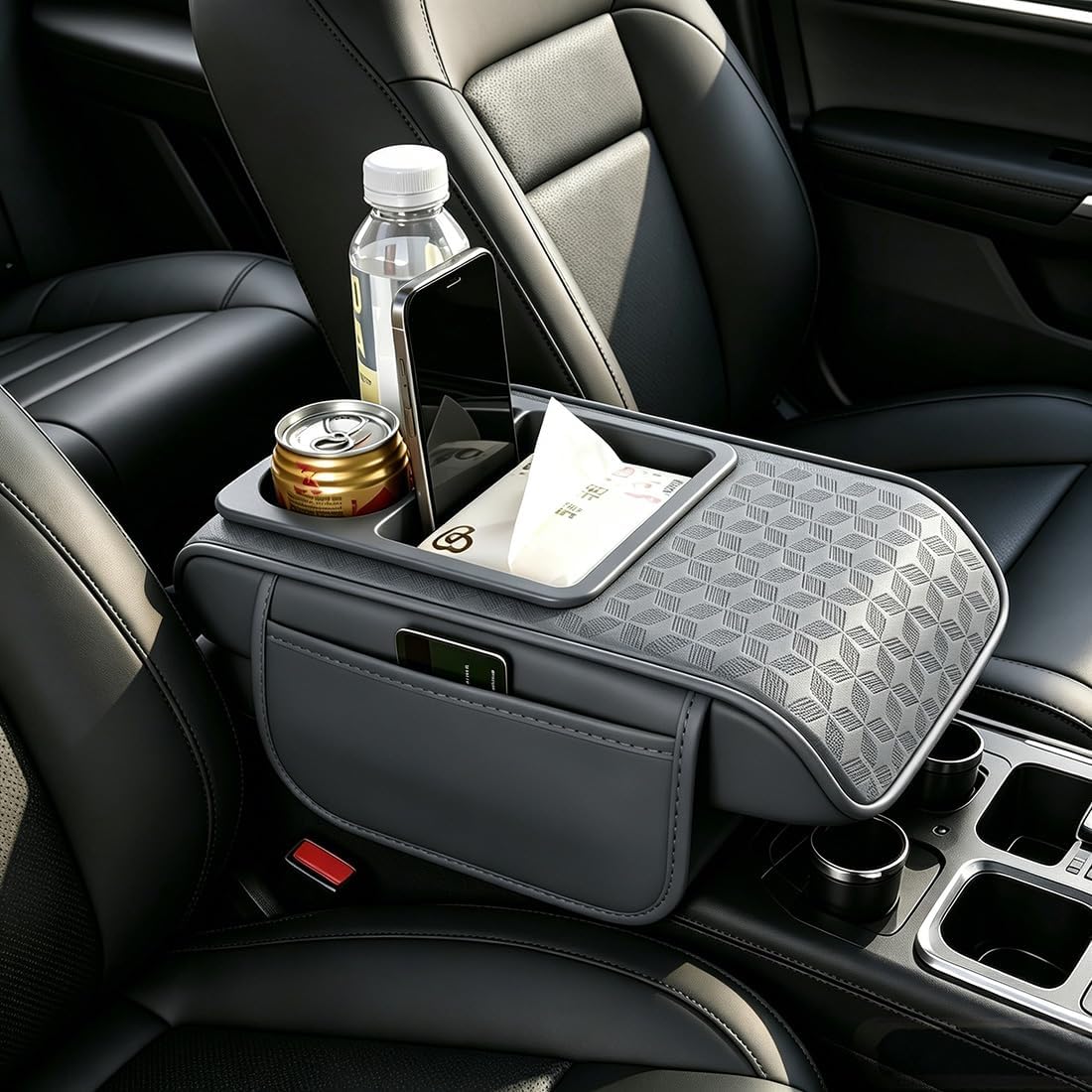 Car Center Console Cover, Auto Car Armrest Cushion 5-in-1 with Cup Holder, Tissue Box Slot, Phone Slot for Vehicle, Car Accessories Interior Storage Organizers (Grey)