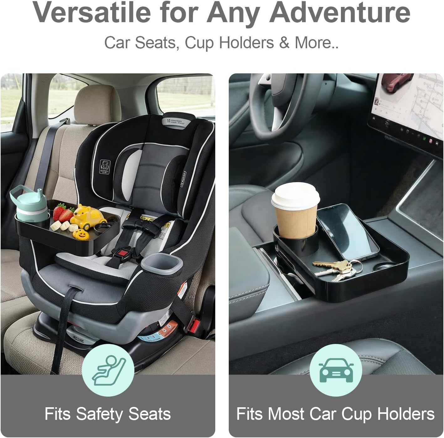 [2 Pack] Car Seat Snack Tray for Toddlers - 3 Inch Cup Holder Fits Most Sippy Cups & Straw Bottles with Dip Well, Mess-Free Square Kids Travel Tray Road Trip Essentials, Black, 2