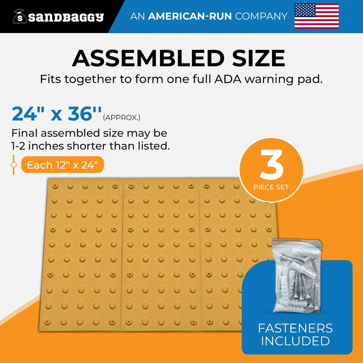 Sandbaggy 24" x 36" ADA Warning Pads Set (Assembled Size) - Fasteners Included - ADA Compliant - Surface Mounted Truncated Domes (1, 24" x 36")