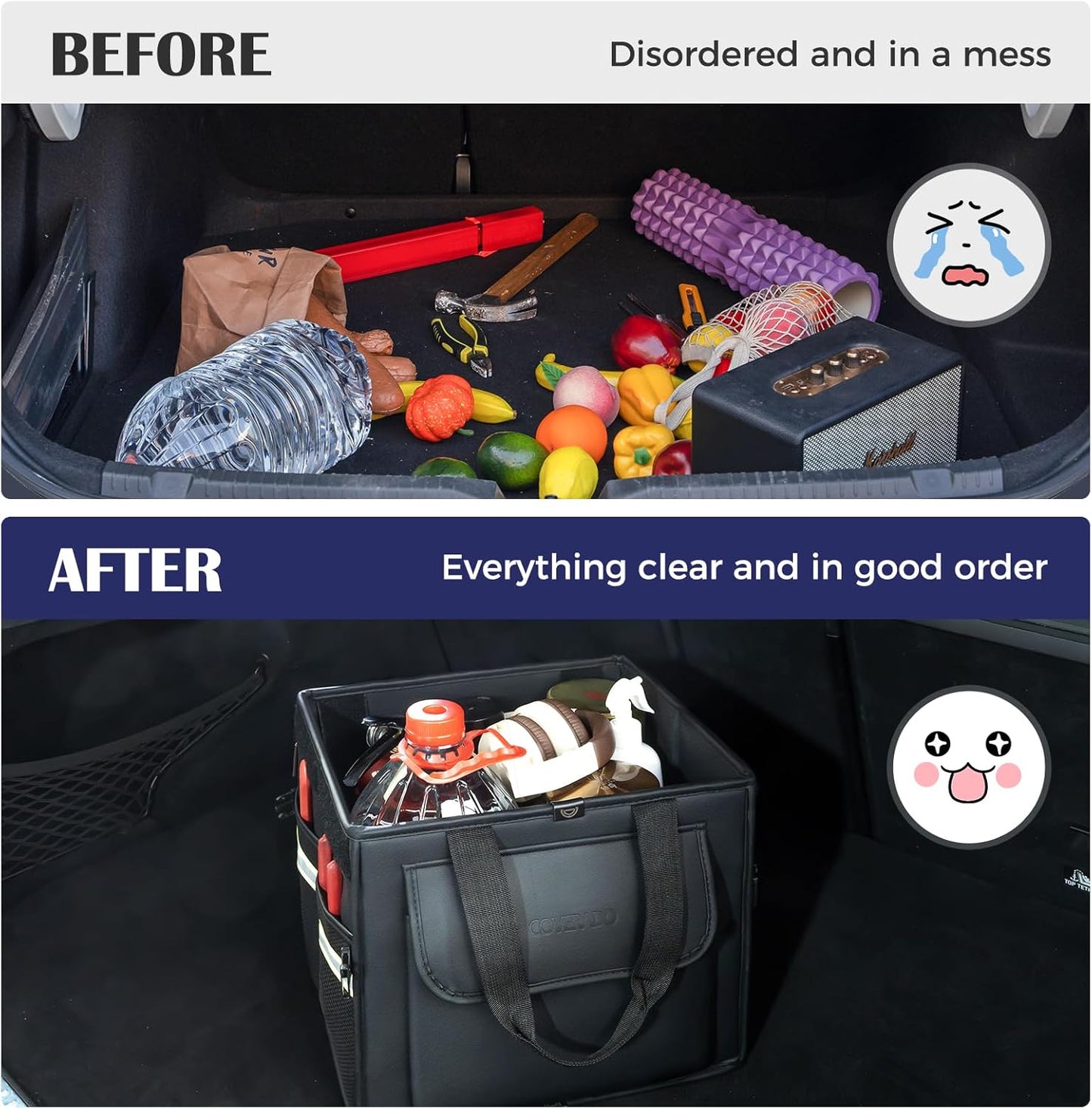 Coverado Trunk Organizer for Car- Nappa Leather Trunk Organizer for SUV with Lid, 30L Multi Collapsible Car Storage Organizer Foldable, Multi Compartments with 2 Straps for SUV/Truck