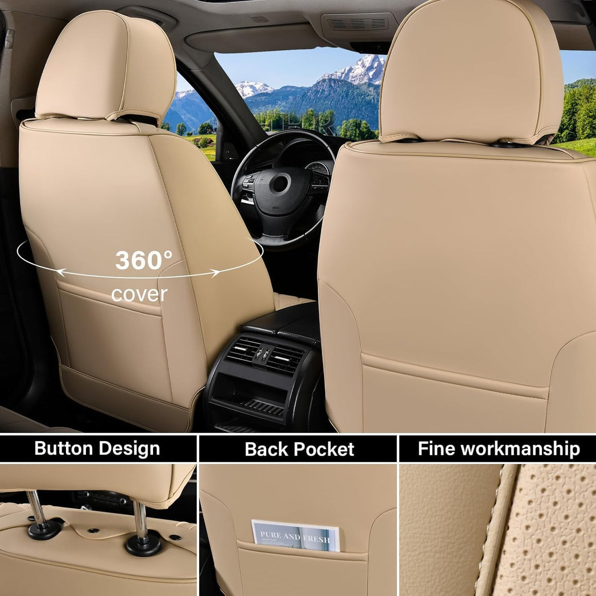 Coverado Universal Seat Covers Front, 2-Pack Universal Seat Covers for Cars, Waterproof Nappa Leather Car Seat Covers with Head Pillow, Auto Protectors Fit for Most Sedans SUV Pick-up Truck-Beige
