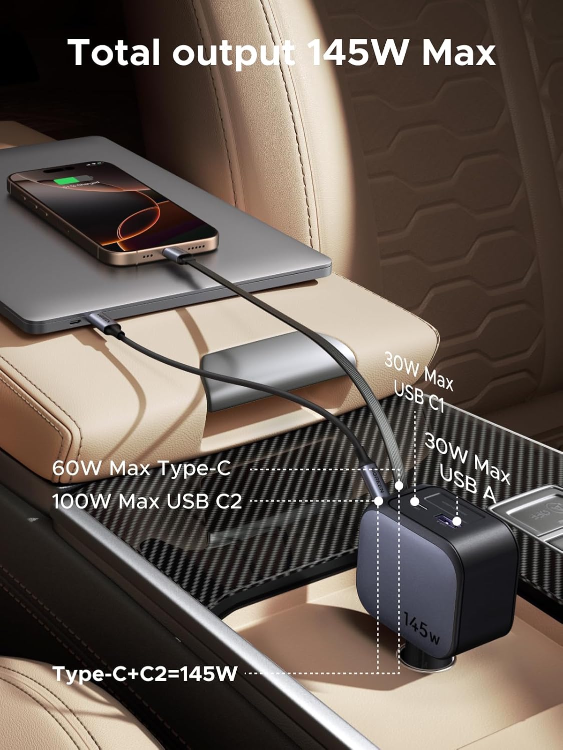UGREEN 145W 4-Port Retractable Car Charger with 60W Retractable Cable