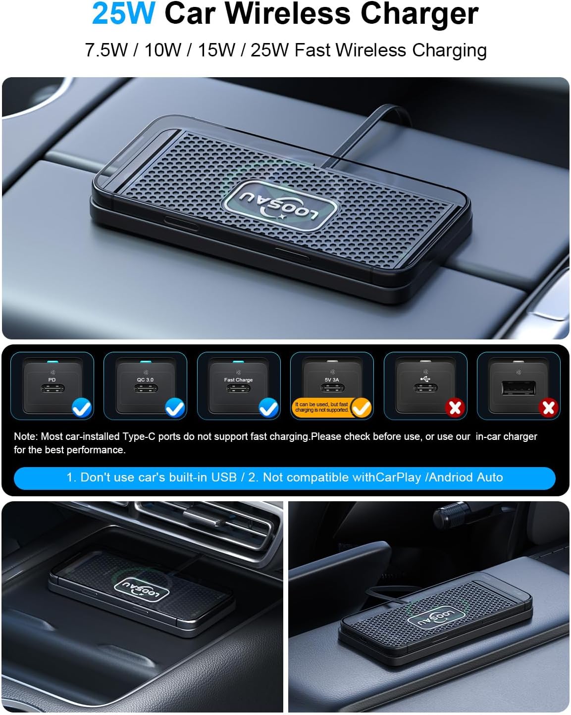 25W Wireless Charger Car Fast Wireless Phone Charging Pad Type C