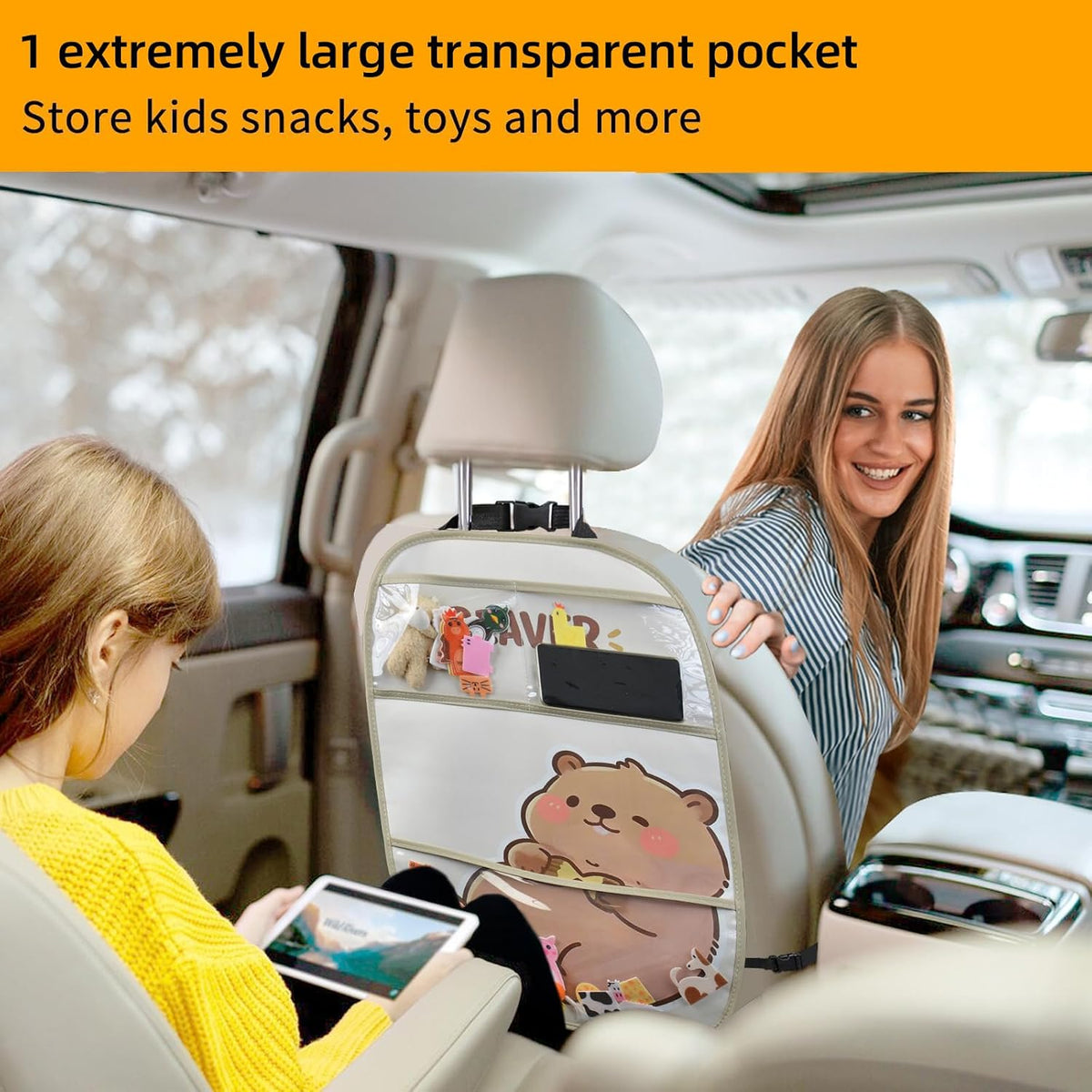 kids Leather Car Backseat Organizer with Foldable Table Tray, Car Storage Organizer with Tablet Holder, Car Seat Back Protectors Kick Mats, Travel Accessories (Beaver)