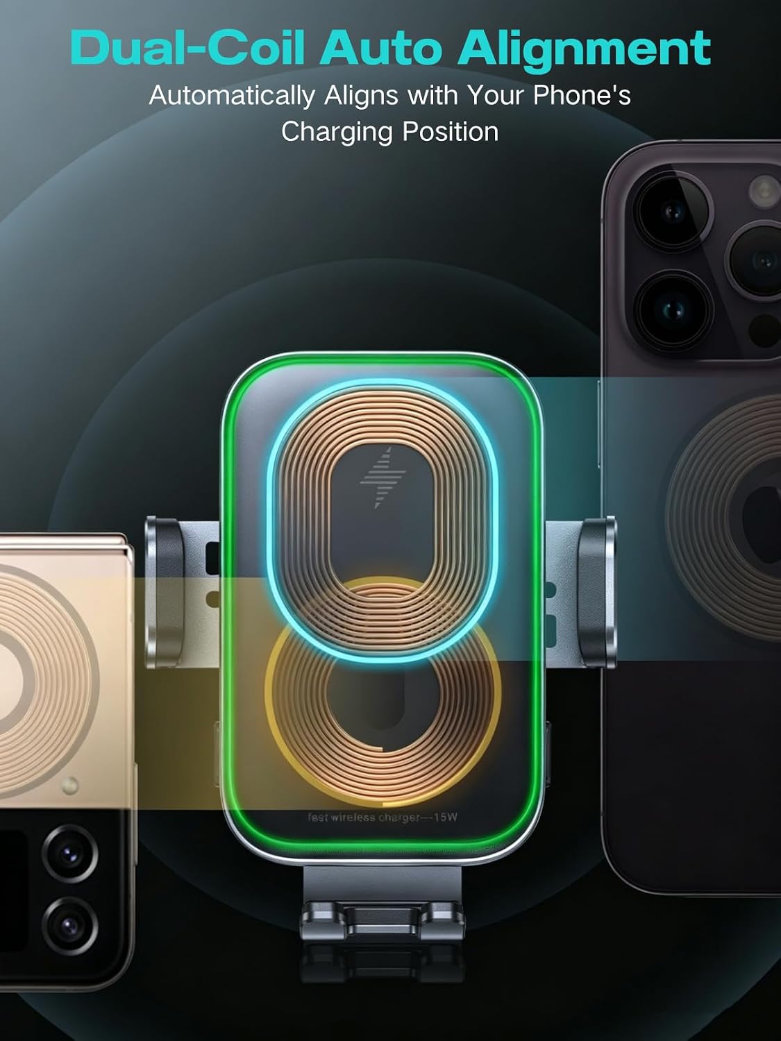 APPS2Car 15W Wireless Car Charger Phone Holder, Dual Coil, Auto Clamping