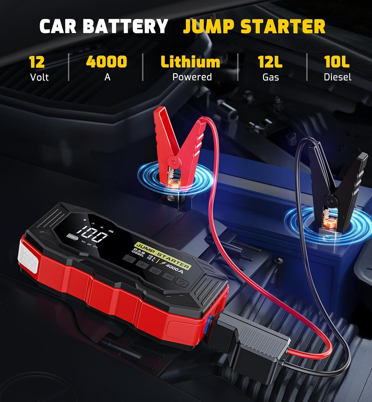 Jump Starter with Air Compressor 4000A Portable Car Battery Jump Starter (All Gas/10L Diesel), 160PSI Auto-Shutoff Tire Inflator Air Compressor, SuperSafe 12V Jump Box Car Battery Jumper Booster