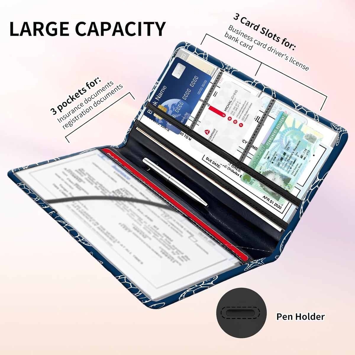 Premium Car Registration and Insurance Card Holder, Cute PU Leather Car Document Holder, Vehicle Glove Box Car Organizer with Magnetic Closure for Driver License, Cards Navy Turtle Starfish