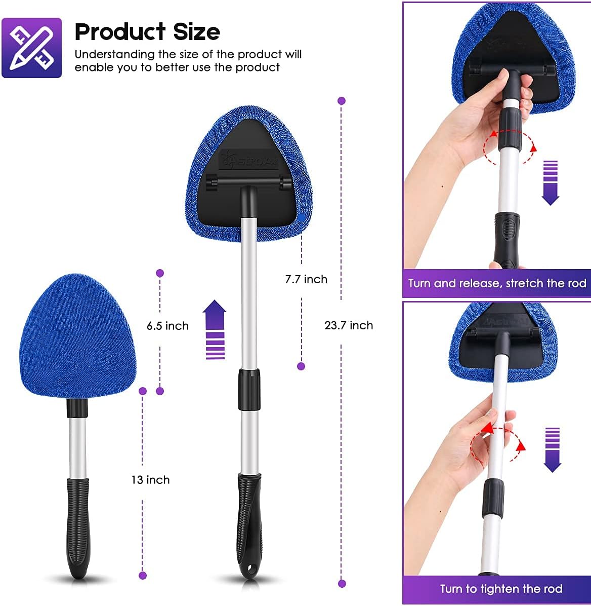 AstroAI Windshield Cleaner, Microfiber Car Window Cleaner with 12 Reusable and Washable Microfiber Pads and Extendable Handle Auto Inside Glass Wiper Kit, Blue, 3 Pack