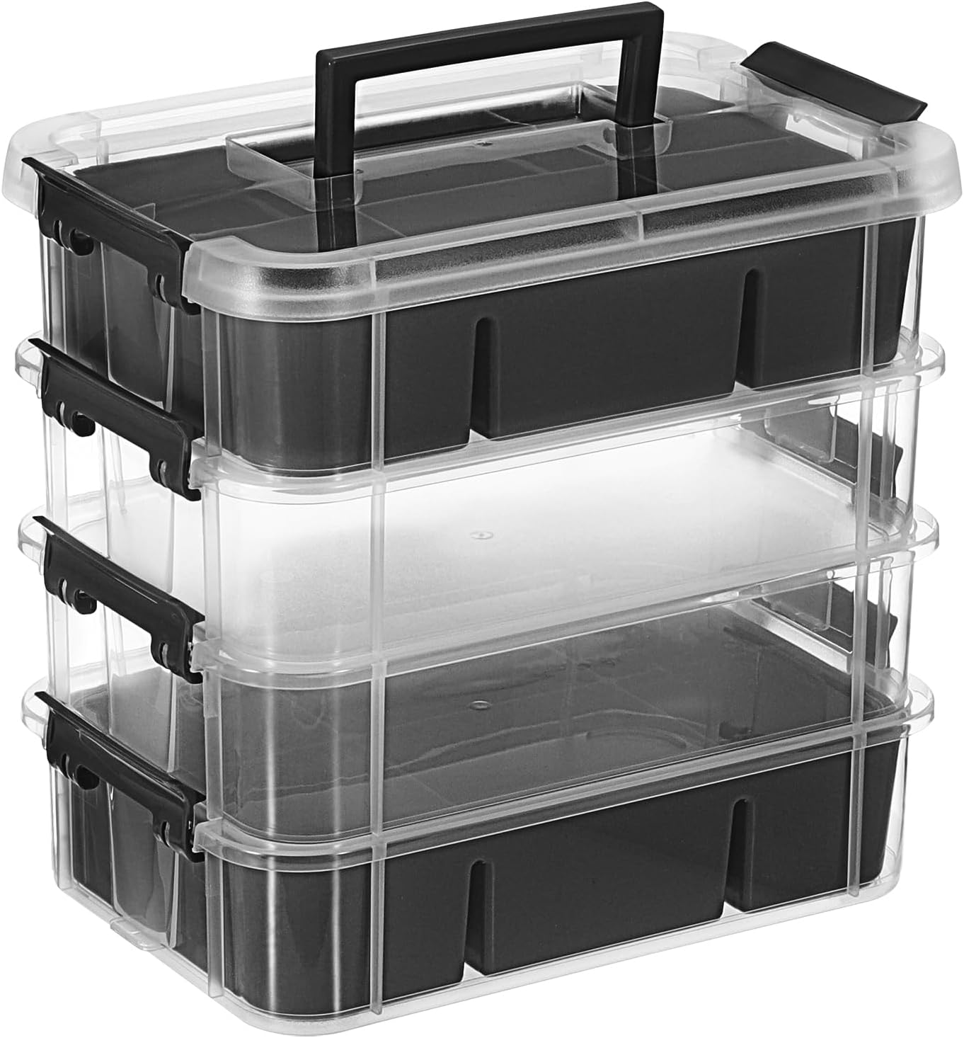 JUXYES 4-Tiers Plastic Stack Carry Storage Containers Box wih Handle Lids | Clear Stackable Latching Storage Bin With 2 Tray for School Office, Organizing Sewing, Art Craft, DIY Supplies, Black