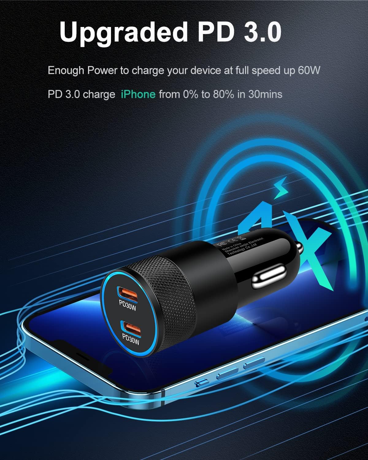 60W USB C Car Charger, 2Pack USB C Cigarette Lighter Adapter Fast Charging