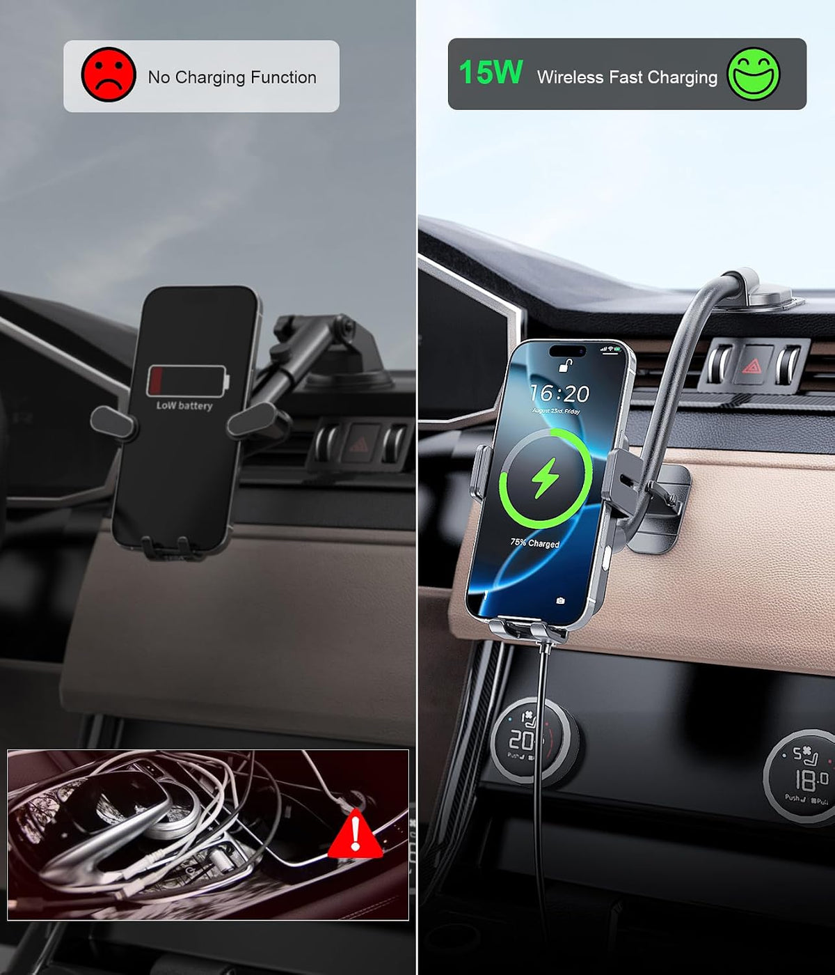 Wireless Car Charger Adjustable Gooseneck Dashboard Car Mount Fast Charging