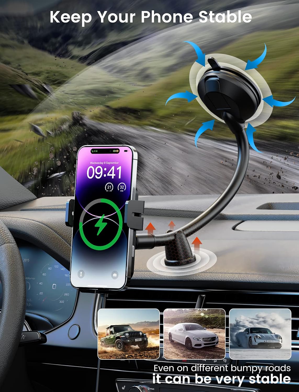 Wireless Car Charger, MOKPR 15W Fast Charging Car Mount Auto-Clamping Car Charger, Dashboard Windshield Phone Holder Compatible with iPhone 16 15/14/13/13 Pro/12 Pro12/11/X, Samsung S23/S22/S10/S9/S8