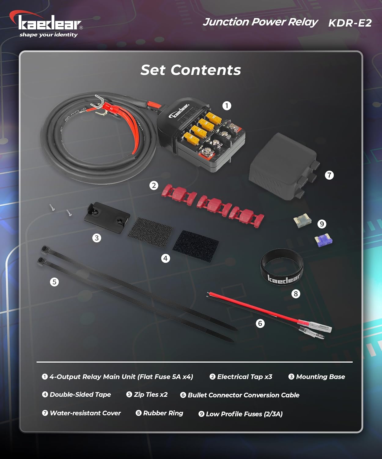 KAEDEAR Motorcycle Power Relay Kit DC12V 20A, Waterproof 4-Way Fuse Block Acc Splitter, Quick-Connect Stripped Wires, 4 Accessory Power Distribution Junction Box - Junction Power Relay KDR-E2