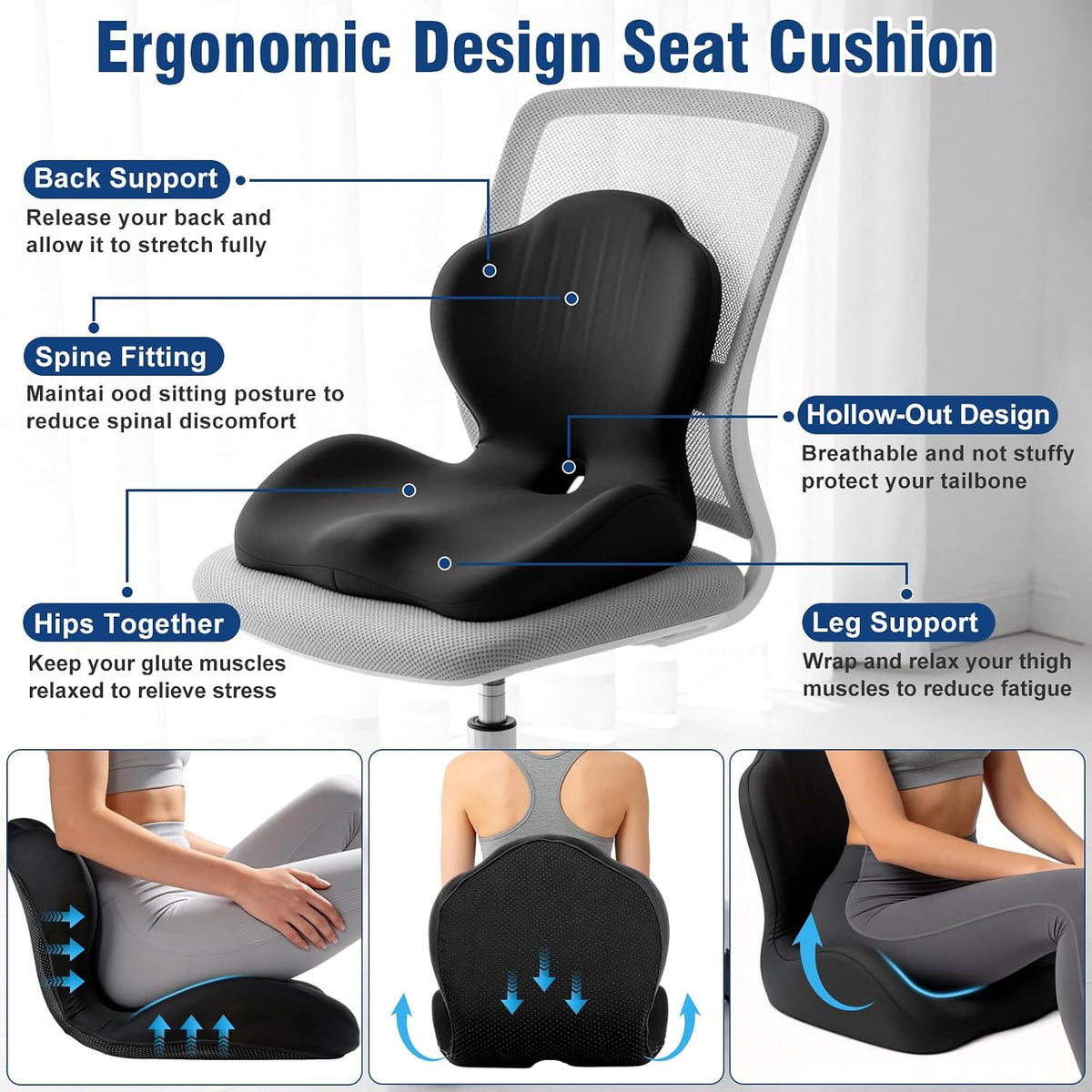 Car Seat Cushion with Lumbar Support Pillow, Memory Foam Office Chair Cushion for Back Pain Sciatica Pain Relief, Ergonomic L-Shaped Seat Cushion for Car Truck Driving Office Chair Home