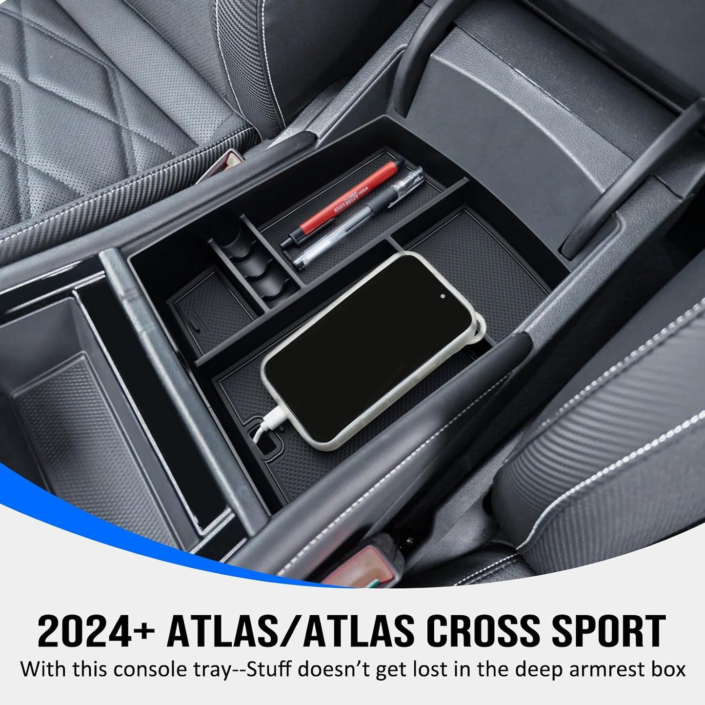 TOPINSTALL 26 New Console Organizer Compatible with 2024-2026 VW Atlas/Atlas Cross Sport Accessories, Armrest Box Storage Console Tray with Coin Holder Insert Interior Accessories