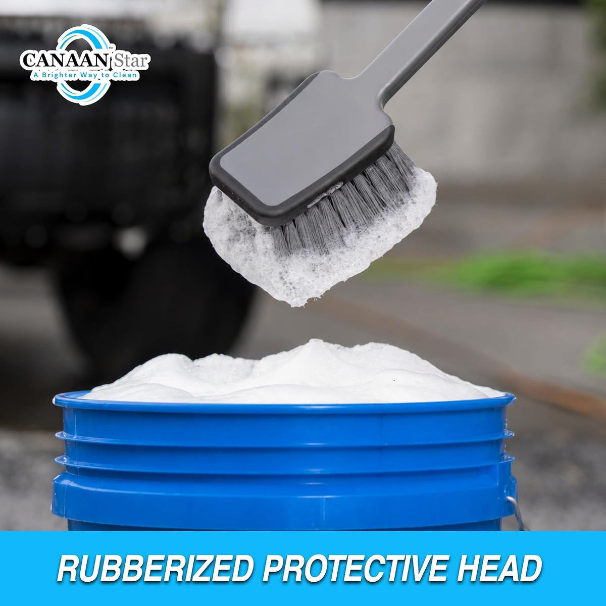 Car Wash Brush(Upgraded Design), 17" Long Handle, Flagged Bristles, Rubber-Protected Head, Non-Slip Ergonomic Grip for Tires, Undercarriage, Wheels, Grill, Fender Wells, SUVs & Cars