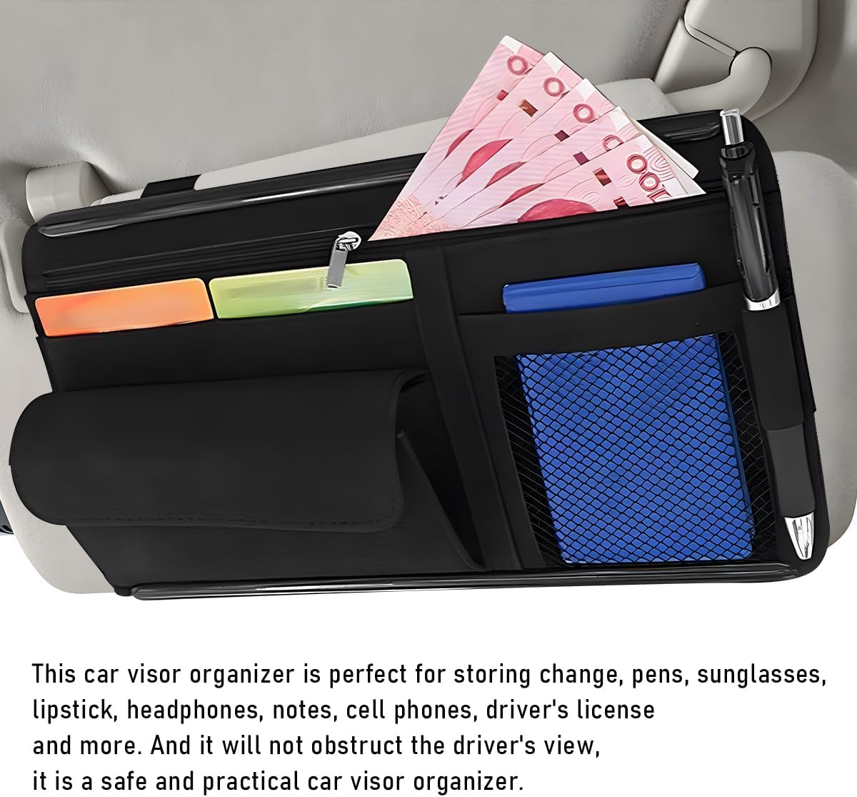Yourkar Car Sun Visor Organizer, Soft Leather Surface Eyeglasses Note Card Holder Car Storage Bag, Scratch-Resistant Waterproof Auto Sunshade Organizer Bag, Car Accessories (Black)