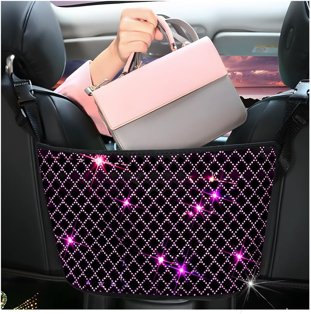 zipelo Bling Car Net Pocket Handbag Holder, Rhinestone Vehicle Backseat Purse Organizer Between Seats, Diamond Hanging Storage Bag Barrier of Pet Kids, Universal Automotive Accessories (Pink)