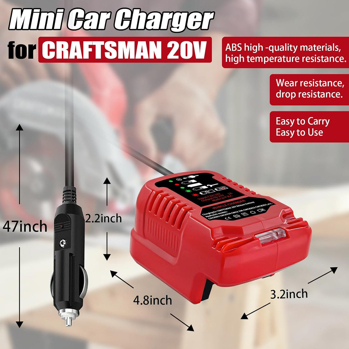 Car Charger for Craftsman 20V Battery, Vehicle Replace Charger for Craftsman V20 Batteries CMCB204 CMCB202 CMCB201 CMCB209 CMCB205, LED Indicator, Compact Design