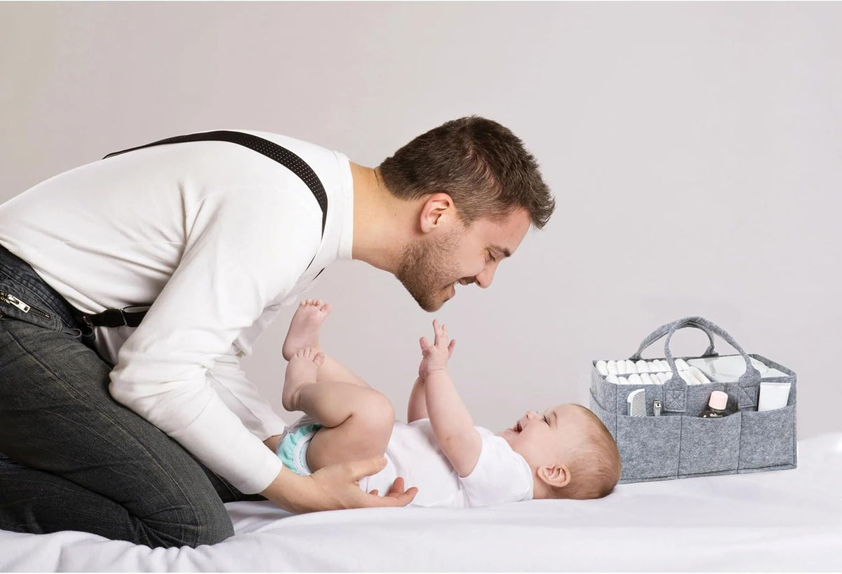 Sammy & Lou Collapsible Light Gray Felt Storage Caddy, Divided Design To Keep Diapers, Wipes And Changing Items Organized, Two Handles, 11.5"D x 6"W x 8"H