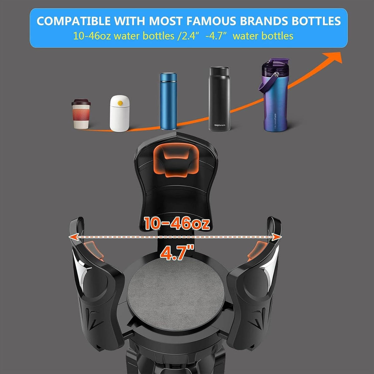 Car Cup Holder Expander,Cup Holder Extender Adapter with Adjustable Arm & Base,Compatible with 10-64oz Larges Bottles,Most Cars,Multiple Scenarios for Daily Commuting and Long-Distance Travel,Black