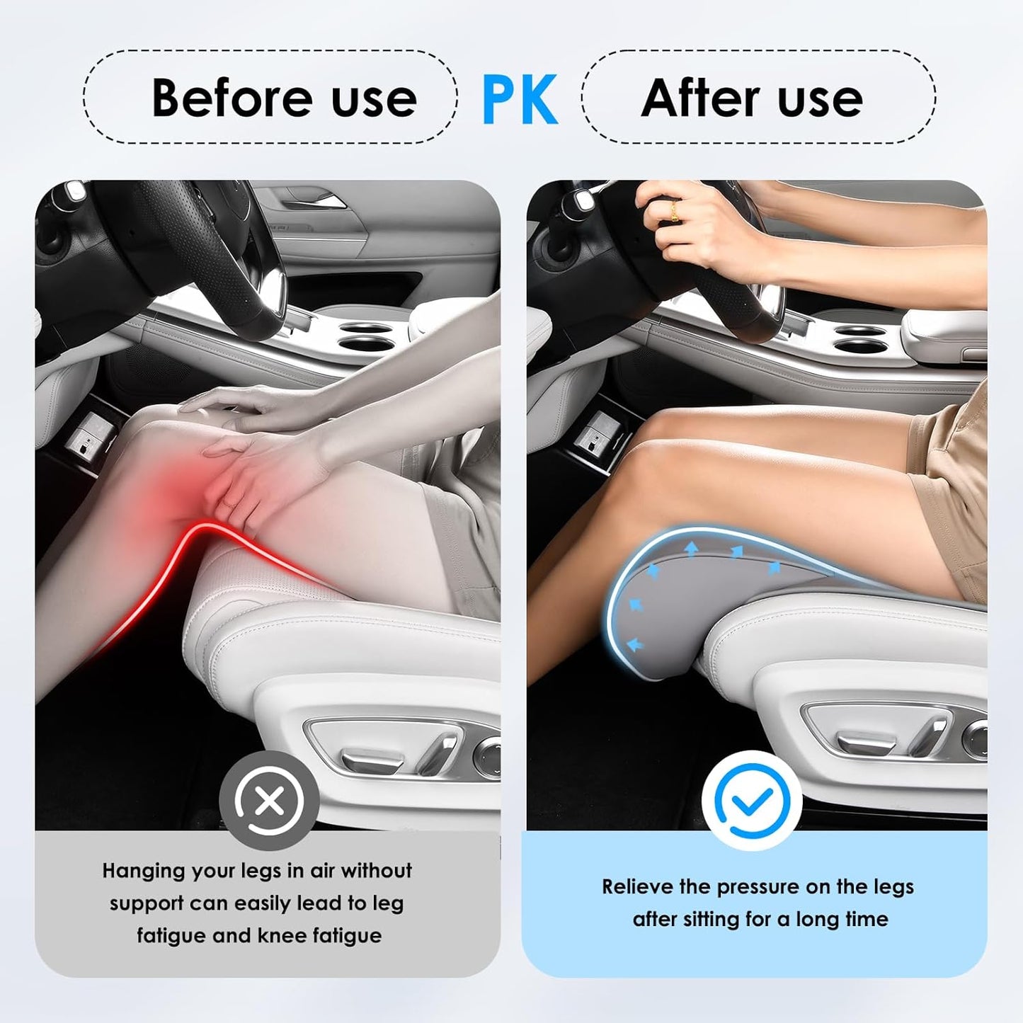 FLORICH Car Seat Extender Leg Support Cushion for Driver Seats Office Chair, Leather Memory Foam Widened seat Cushion for Long Drivers Universal Car Seat Cushion Legs Rest Pads-Light Grey