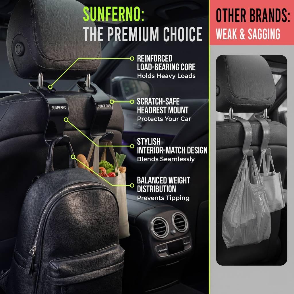 Car Headrest Hooks 4 Pack, Purse Bag Grocery Hanger Heavy Duty Easy Fit
