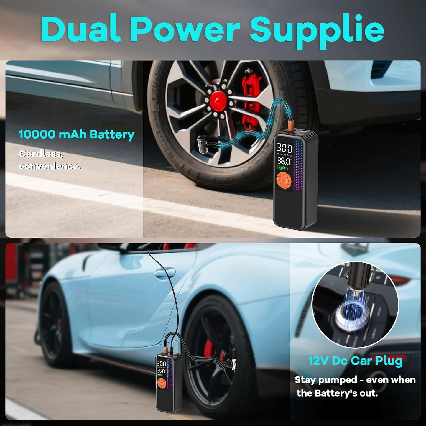 WEOLULI Tire Inflator Portable Air Compressor,150 PSI Cordless Air Pump, 12V DC Car Plug,Dual Power 10000mAh, Fast Inflation 24L/Min, 4 Preset Modes for Car, Bike, Motorcycle, Balls(Orange, 10000mAh)