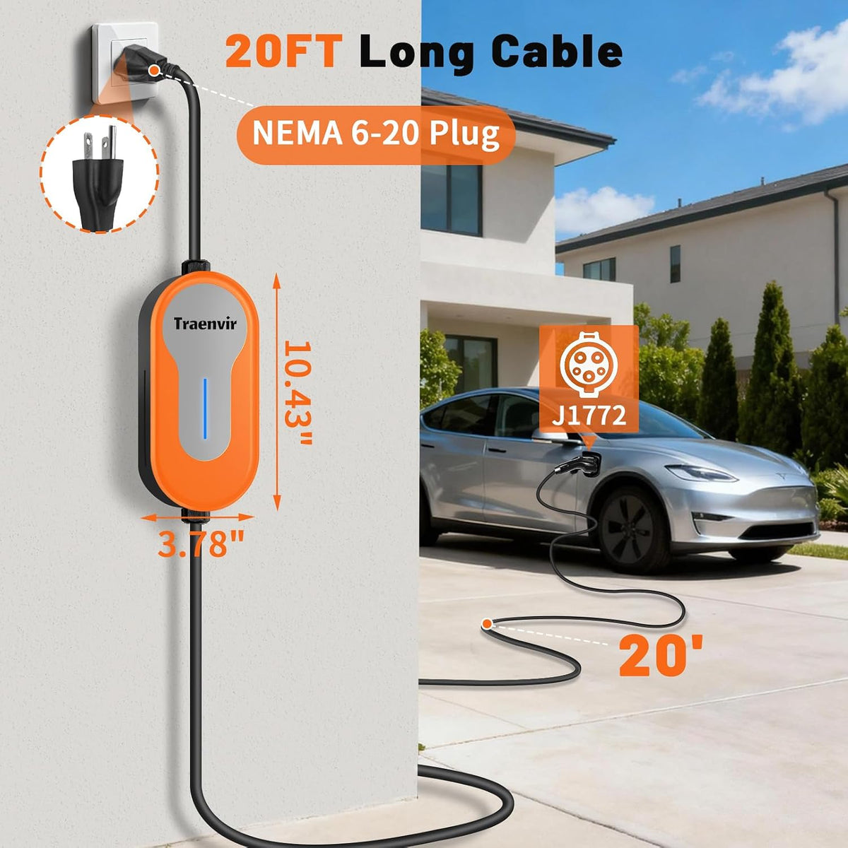 Level 1 & 2 EV Charger, 16 Amp Portable EV Charger with 20FT Cable
