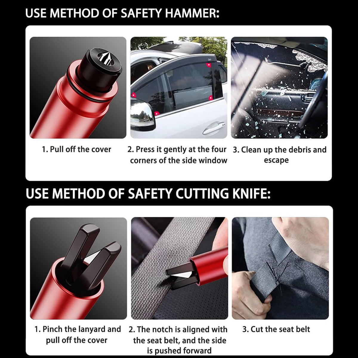 4Pcs Car Escape Tool and Seatbelt Cutter, With Glow-In-The-Dark Function