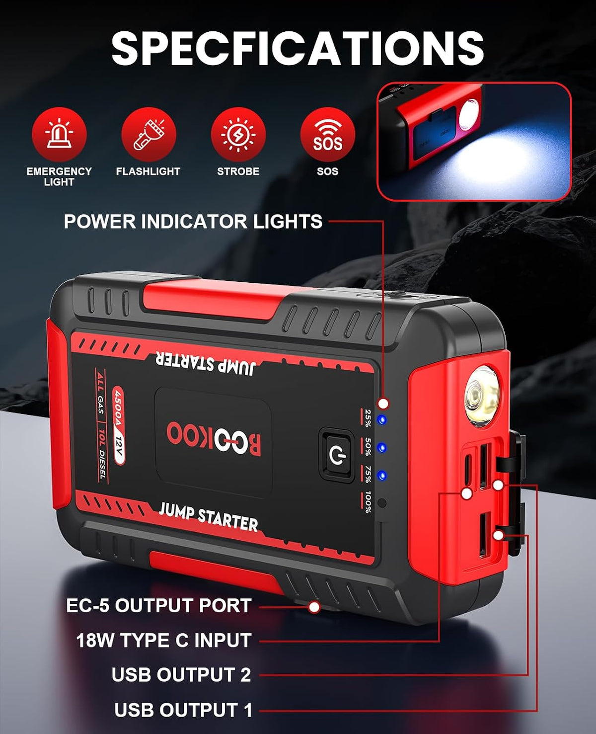 BOOKOO 4500A 12V Portable Car Battery Jump Starter for Car Boat Lawnmower