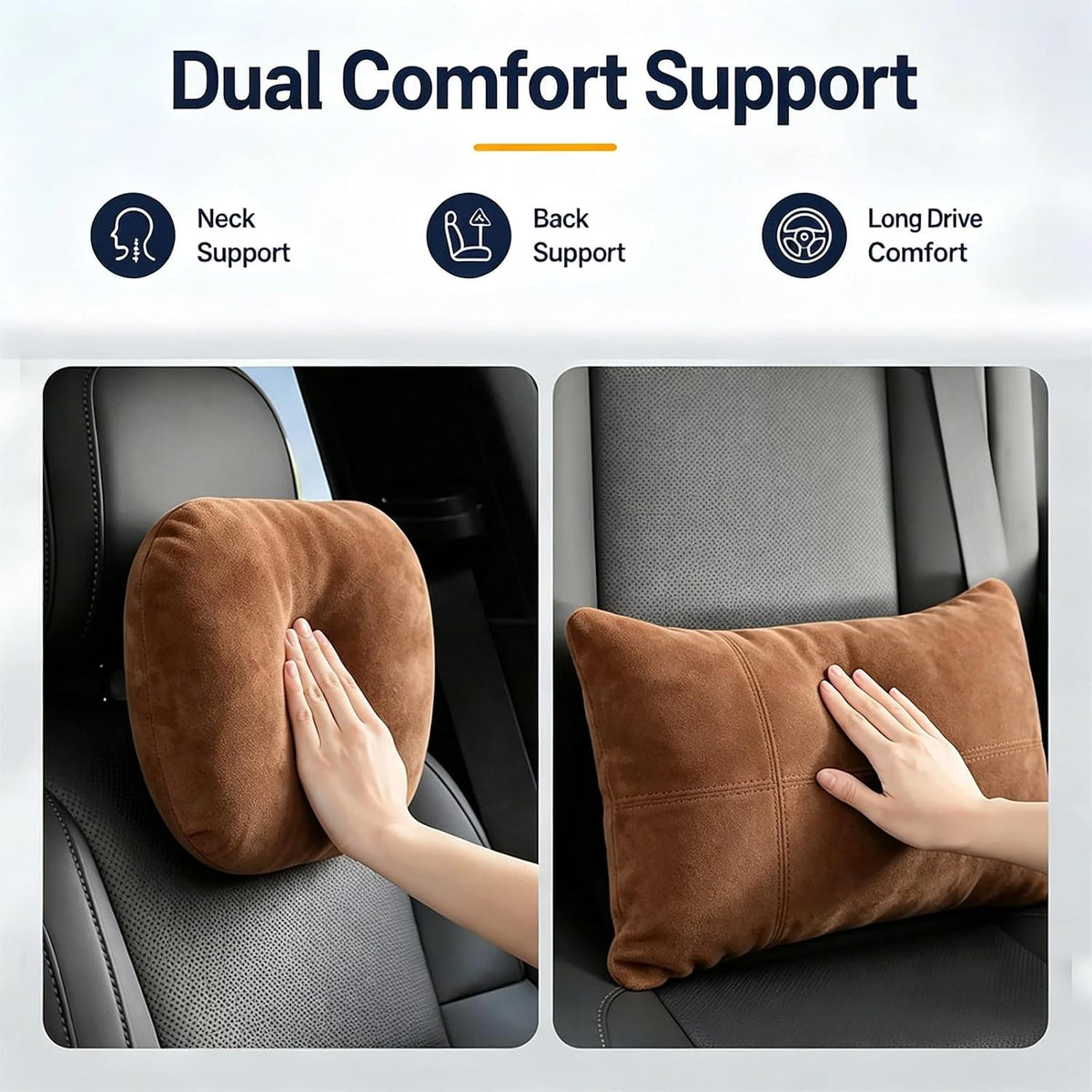 2 PCS Car Pillow for Driving Seat Soft Suede Headrest Neck & Lumbar Support
