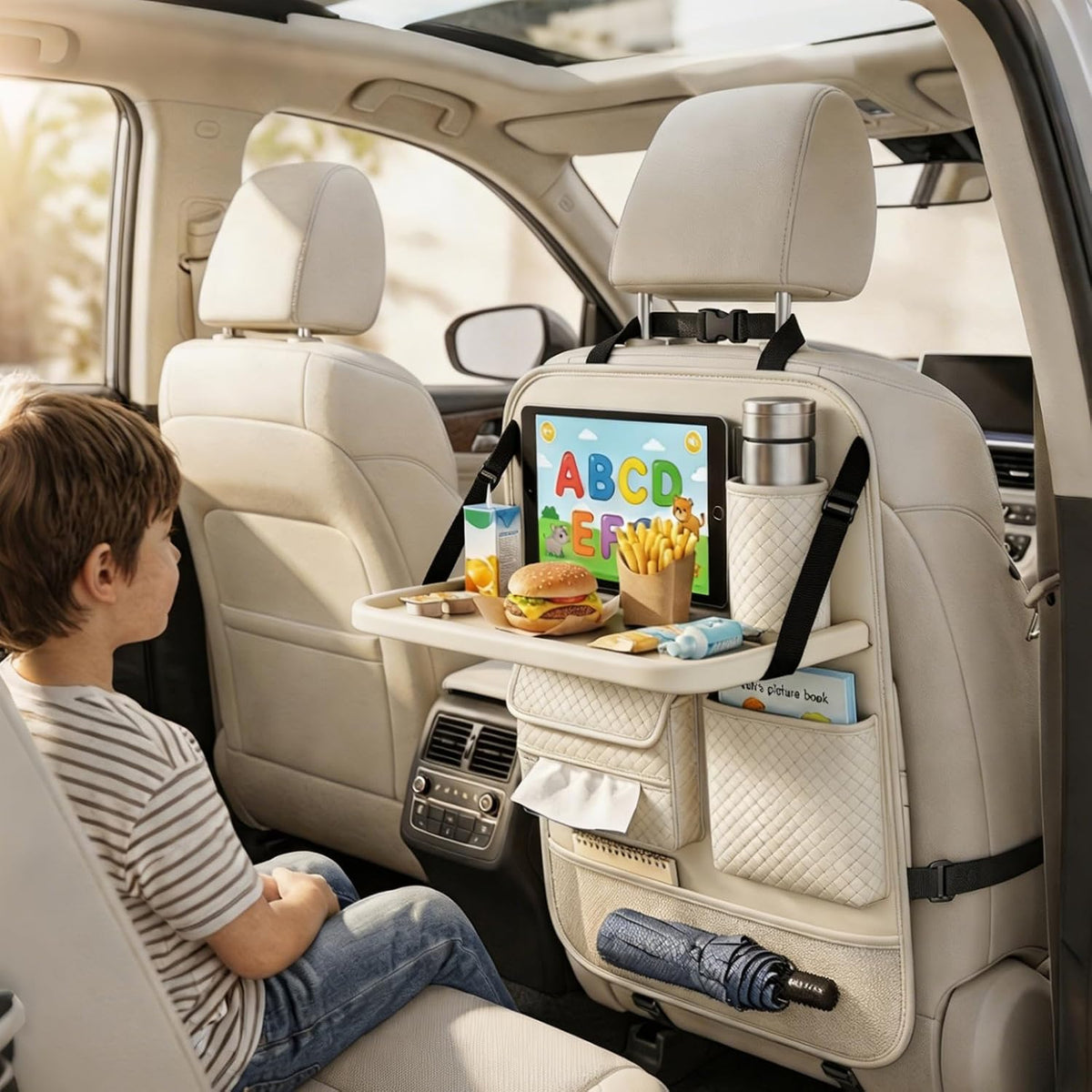 Car Seat Back Organizer with Foldable Tray, Tablet Holder & Pockets