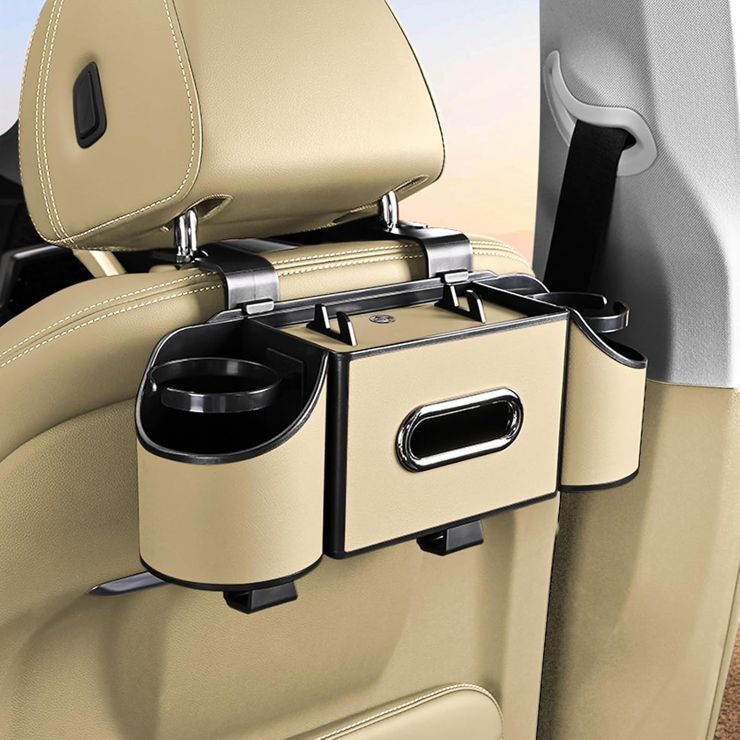 Back Seat Car Organizer,4 in 1 Multifunctional Car Back Seat Storage Box with Drink Cup Holder Tissue Box, for Hold Phone,Snacks, Drinks, Handbag