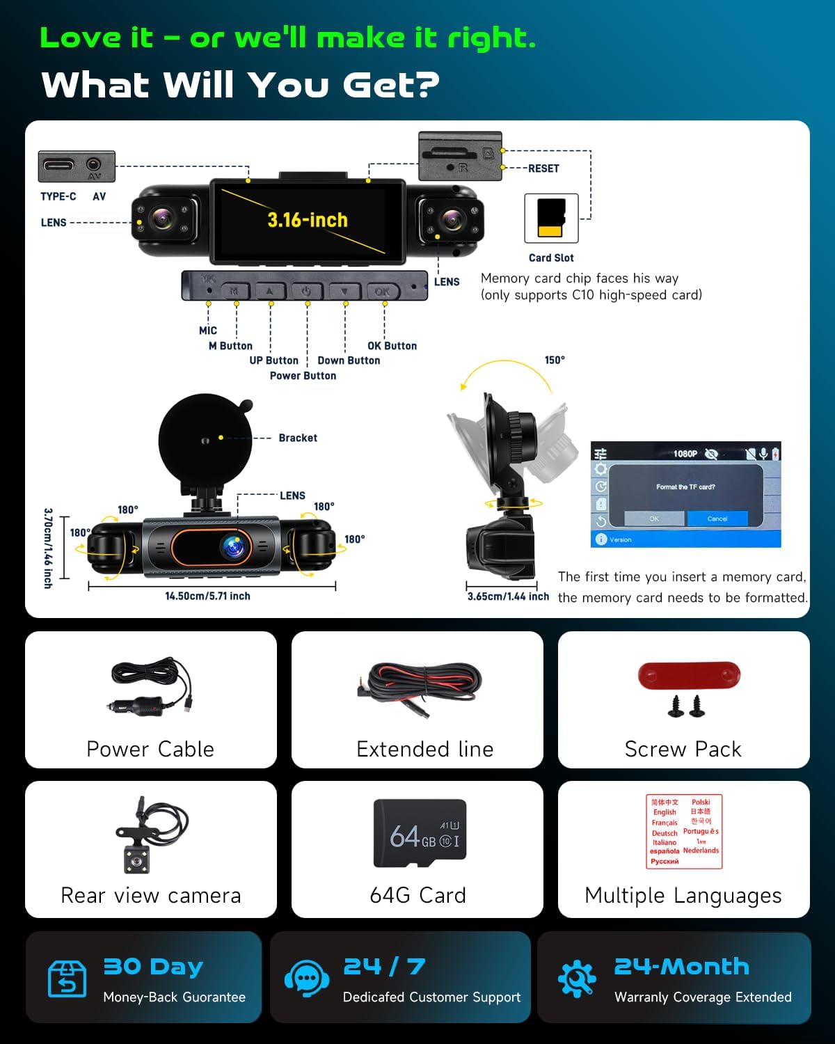 4 Channel 360° Dash Cam Front and Rear Inside, with 64GB Card